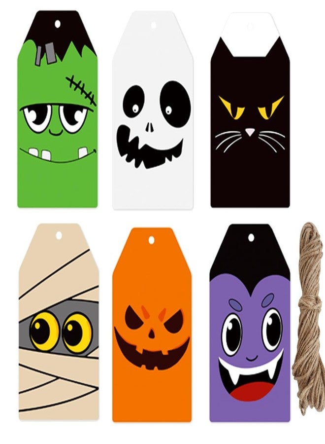 AWEELON 120Pcs Halloween Tags with String Pumpkin Cat Monster Ghost Face Paper Tags Holiday Hanging Labels for DIY Gift Wrapping Halloween Party Favor Decor, 6 Designs - Image 1